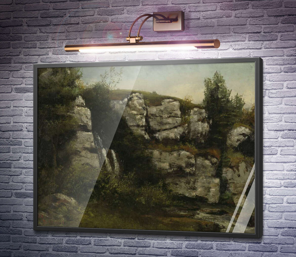 Постер Скелястий краєвид з водоспадом Гюстав Курбе