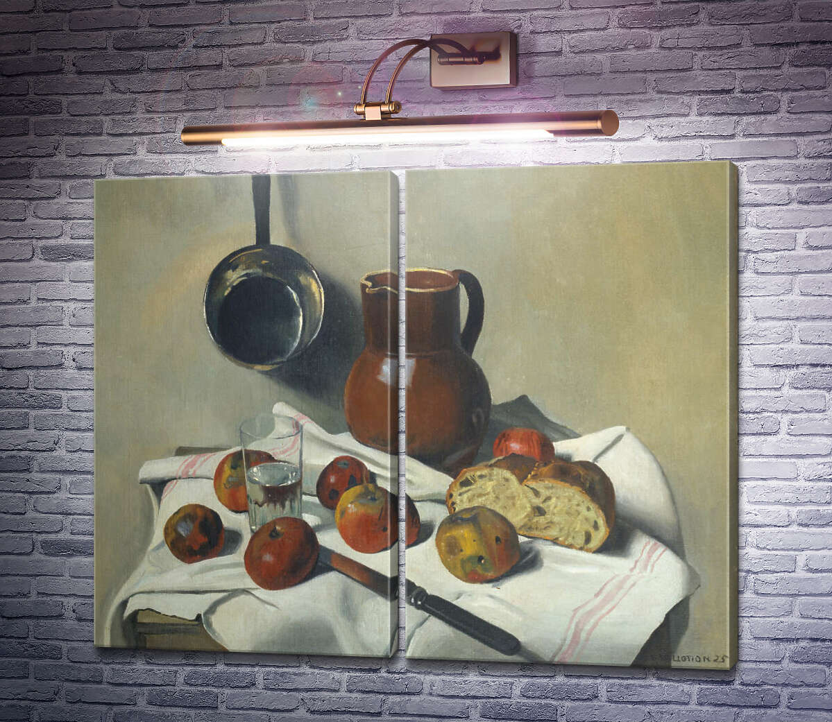 Модульная картина Яблоки, кувшин, стакан воды и хлеб Феликс Валлоттон