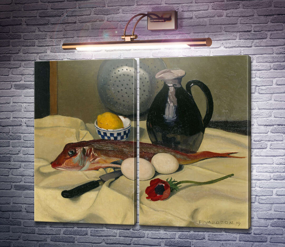 Модульна картина Натюрморт з рибою, яйцями, маком та ножем Фелікс Валлоттон