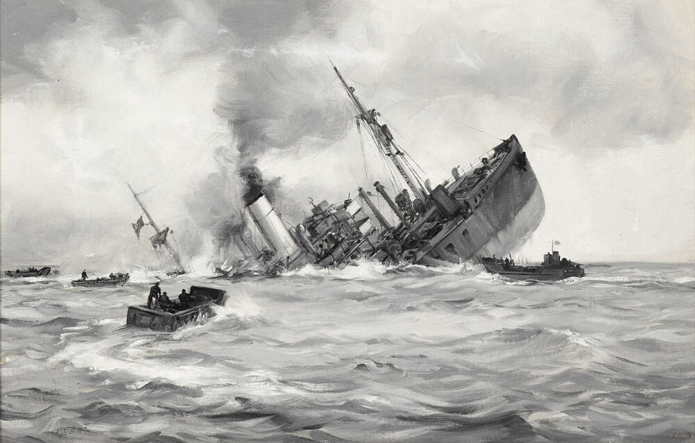 репродукция картина-постер  Инцидент с торговым флотом, корабль идет ко дну Монтегю Доусон