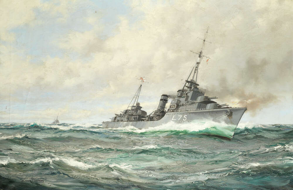 репродукція картина-постер  Есмінець трайбл-класу HMS Eskimo в гонитві, гармати палають Монтегю Доусон