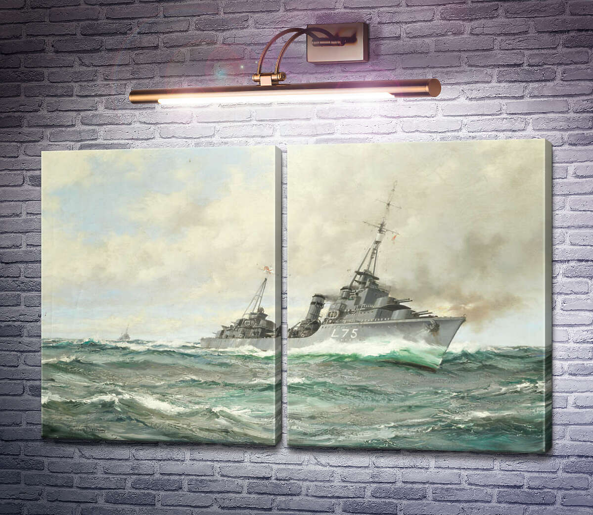 Модульная картина Эсминец трайбл-класса HMS Eskimo в погоне, орудия пылают Монтегю Доусон