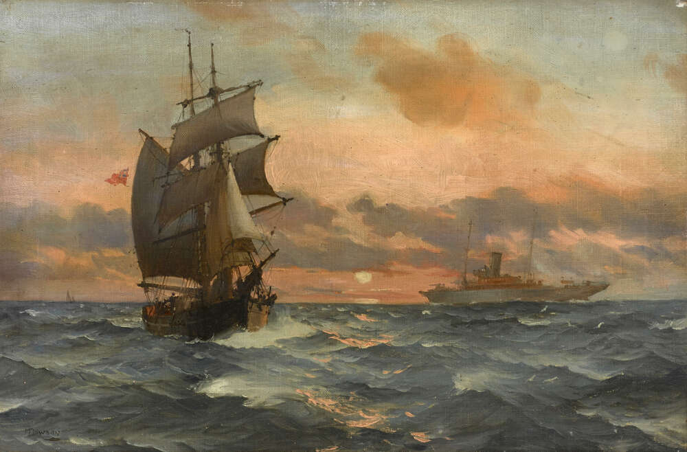 репродукція картина-постер  Торговий бриг на заході сонця з елегантною паровою яхтою вдалині Монтегю Доусон