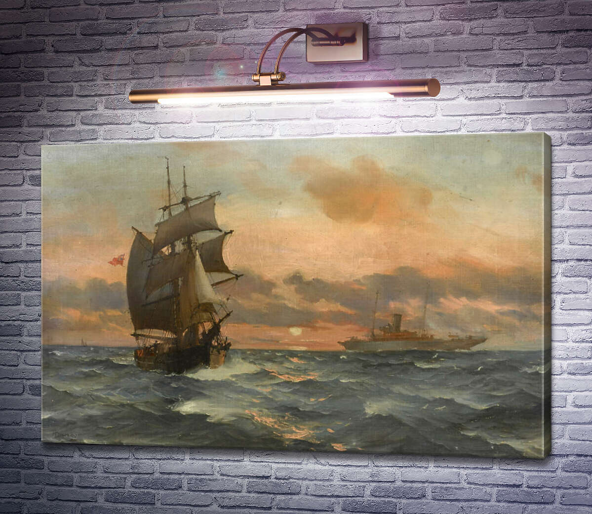 Картина Торговый бриг на закате с элегантной паровой яхтой вдалеке Монтегю Доусон