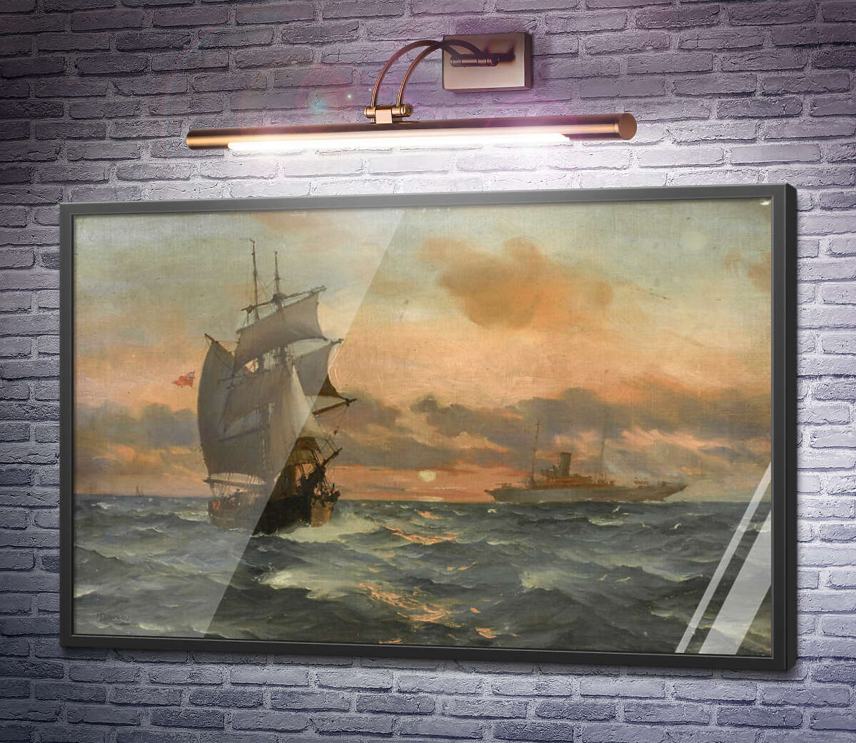 Постер Торговий бриг на заході сонця з елегантною паровою яхтою вдалині Монтегю Доусон