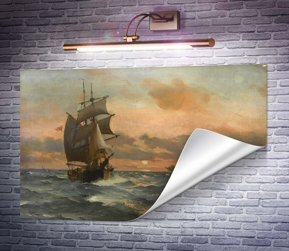 Только печать Торговый бриг на закате с элегантной паровой яхтой вдалеке Монтегю Доусон