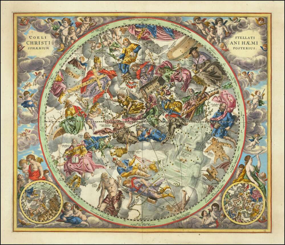 репродукция картина-постер  Заднее полушарие христианского звездного неба, Андреас Целлариус, 1660 г