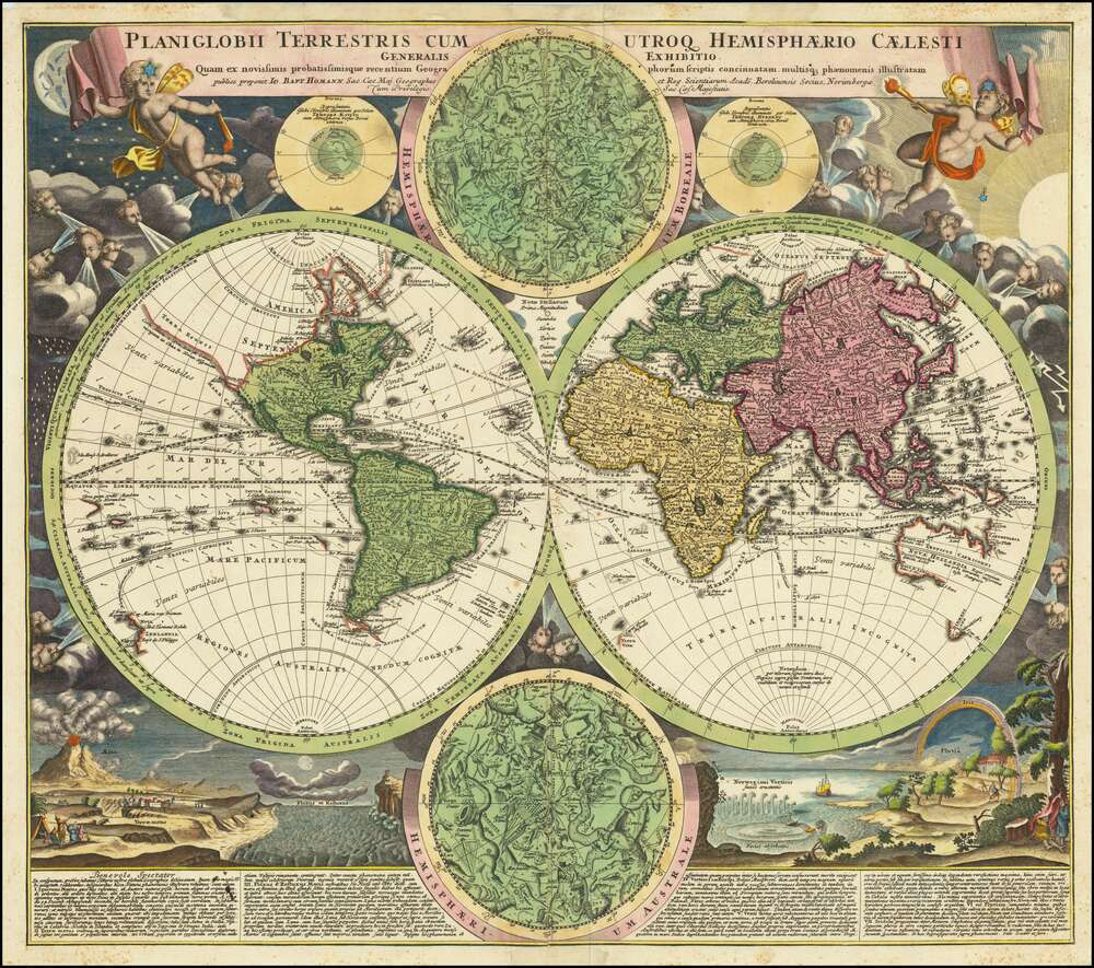 репродукция картина-постер  Общий вид земного шара с небесным полушарием Утрока, Иоганн Баптист Хоманн, 1720 г.