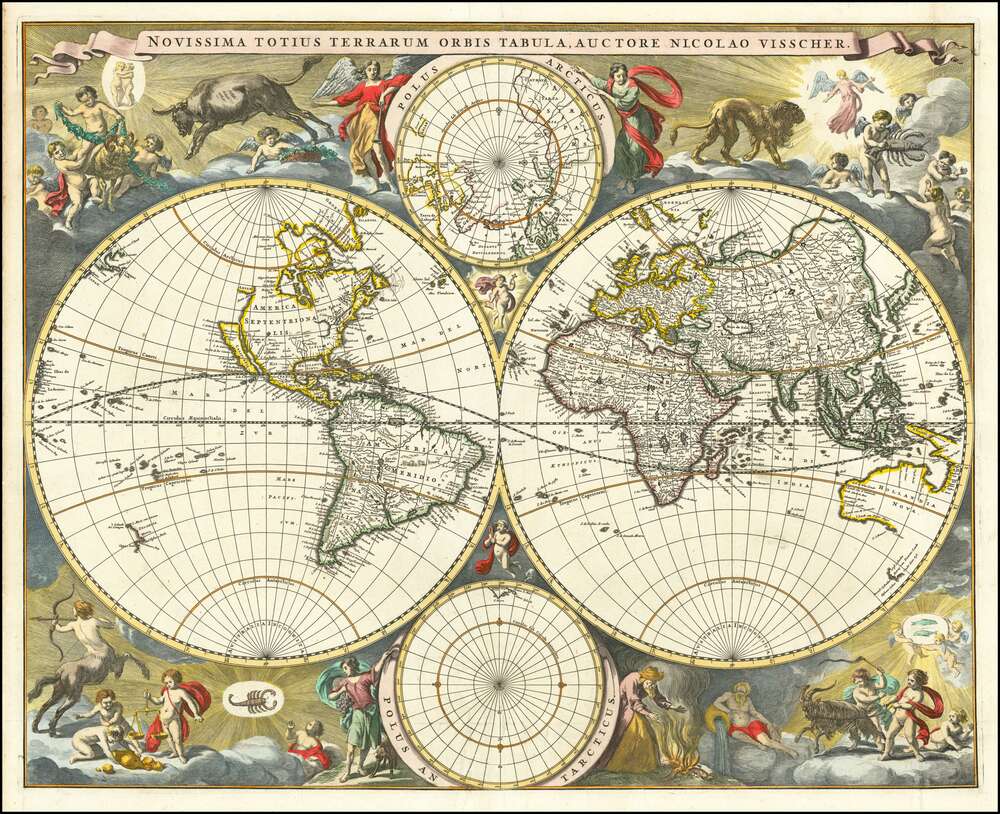 репродукция картина-постер  Двухполушарная карта мира Николаса Вишера, 1679 г.
