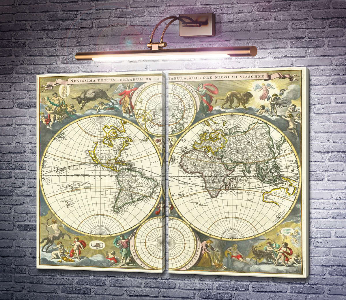 Модульна картина Двопівкульна карта світу Ніколаса Вішера, 1679 р.