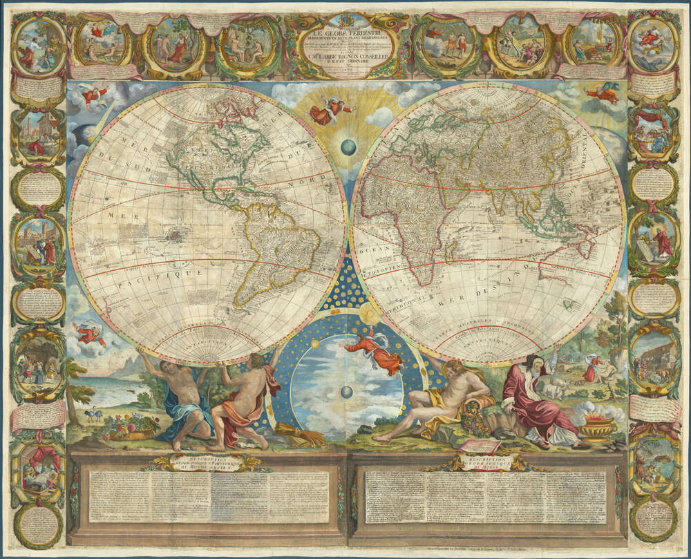 репродукция картина-постер  Двуплоскостной земной шар, построенный по проекции Де ла Гюра Королевской академии наук, 1775 г.