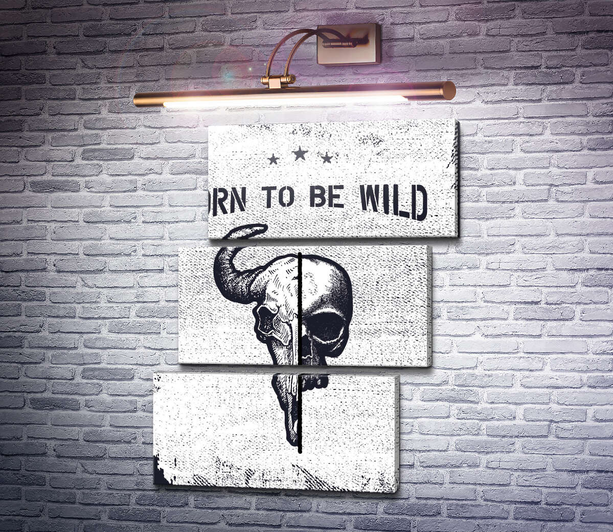 Модульная картина Соединение черепов человека и быка под фразой "born to be wild" (Модуль №17)