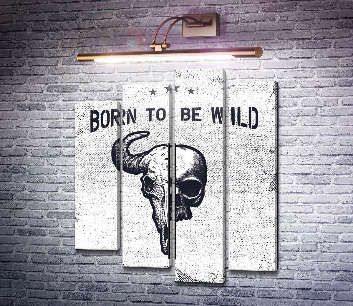 Модульная картина Соединение черепов человека и быка под фразой "born to be wild" (Модуль №3)