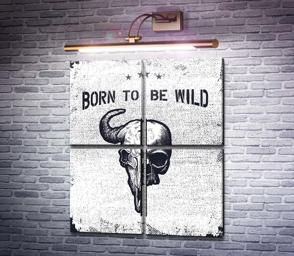Модульная картина Соединение черепов человека и быка под фразой "born to be wild" (Модуль №25)