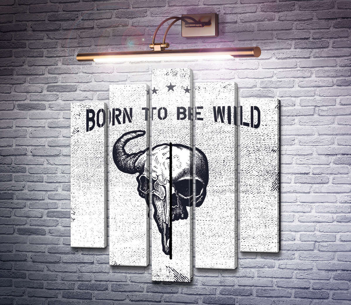 Модульная картина Соединение черепов человека и быка под фразой "born to be wild" (Модуль №4) Модульная картина Соединение черепов человека и быка под фразой "born to be wild" (Модуль №4)