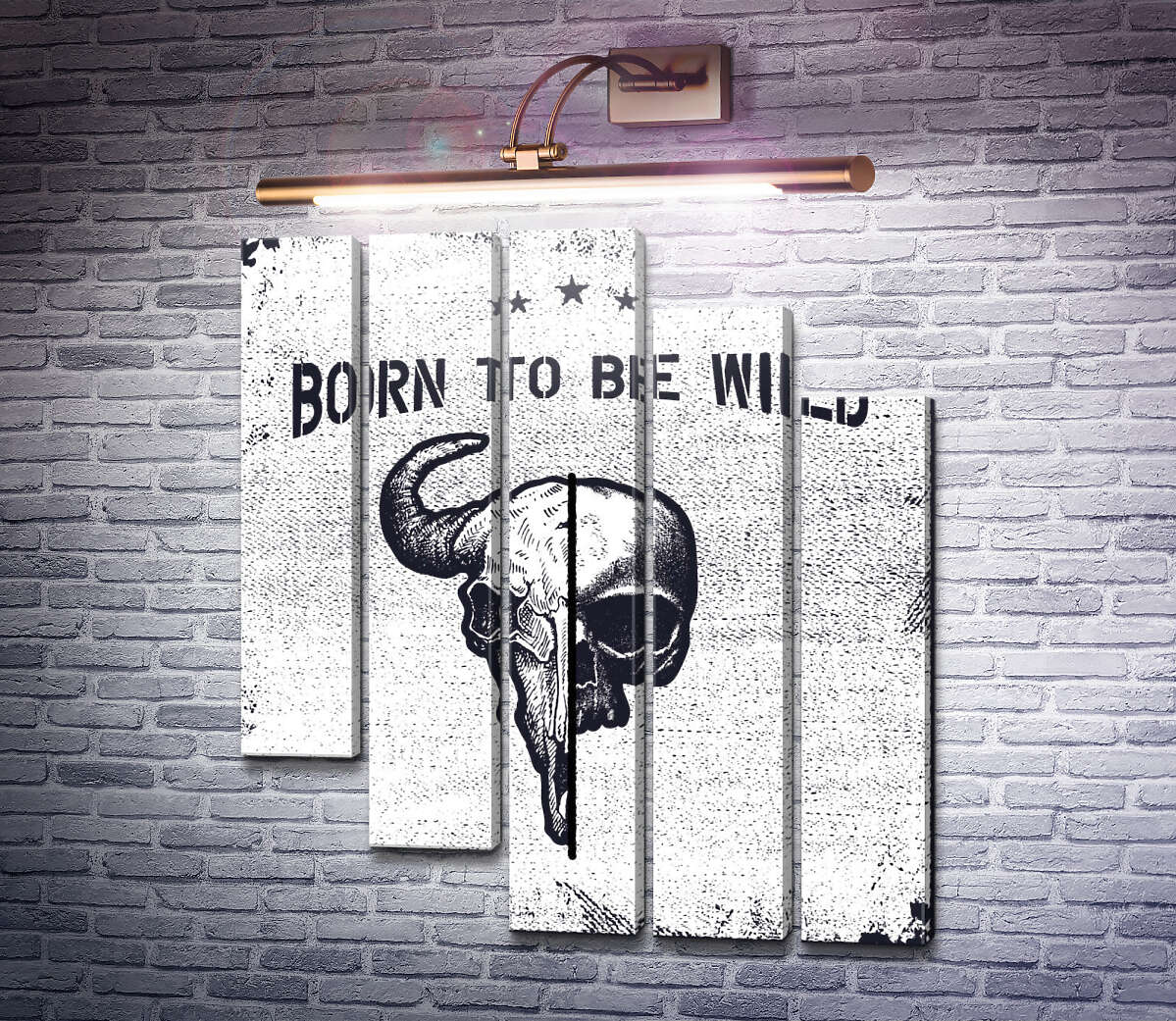 Модульная картина Соединение черепов человека и быка под фразой "born to be wild" (Модуль №28)