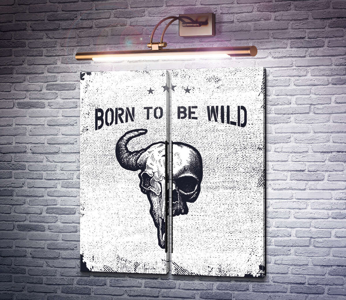 Модульная картина Соединение черепов человека и быка под фразой "born to be wild" (Модуль №6) Модульная картина Соединение черепов человека и быка под фразой "born to be wild" (Модуль №6)