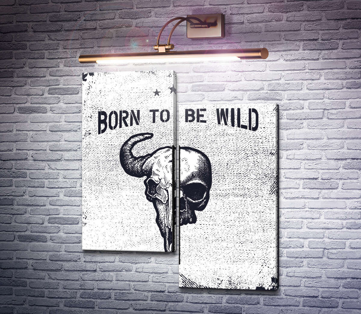 Модульна картина Єднання черепів людини та бика під фразою "born to be wild" (Модуль №9) Модульна картина Єднання черепів людини та бика під фразою "born to be wild" (Модуль №9)
