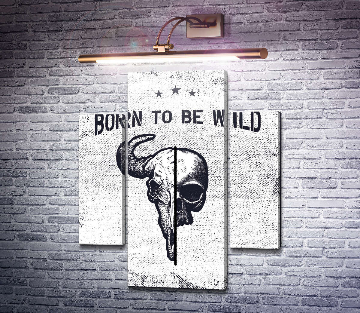 Модульная картина Соединение черепов человека и быка под фразой "born to be wild" (Модуль №5)
