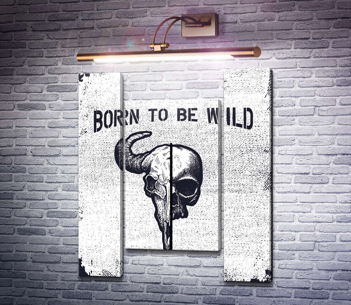 Модульна картина Єднання черепів людини та бика під фразою "born to be wild" (Модуль №11) Модульна картина Єднання черепів людини та бика під фразою "born to be wild" (Модуль №11)